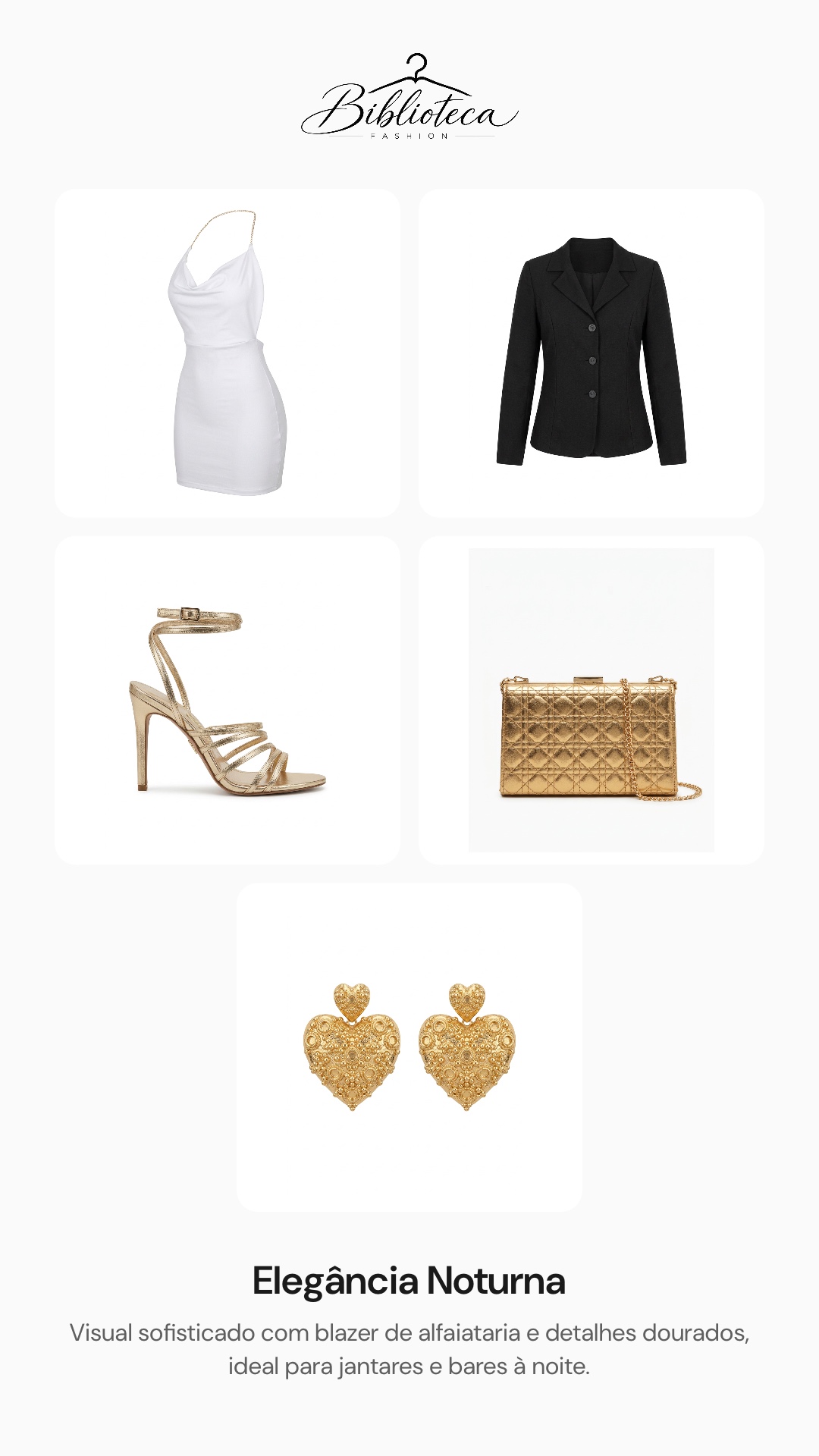 As peças do look de vestido branco e blazer preto, com acessórios dourados